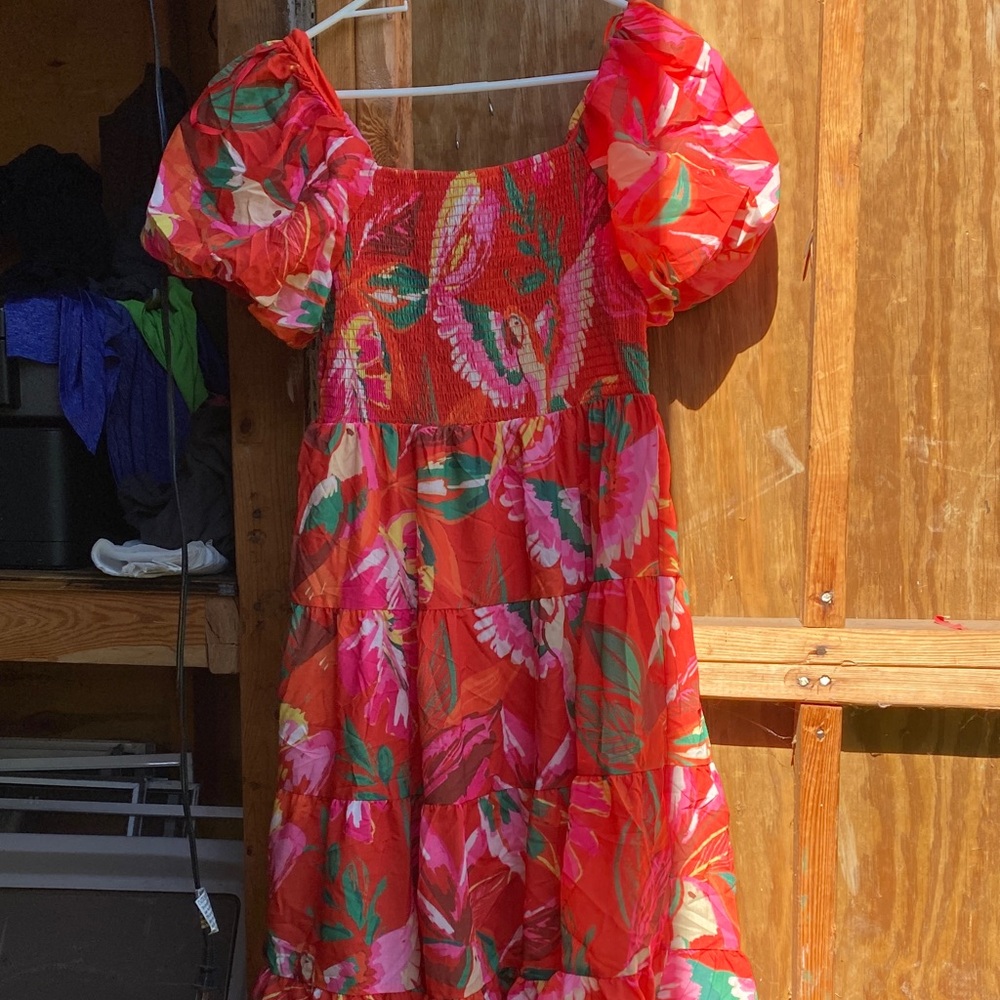Floral Red and Pink Puff Sleeve Dress